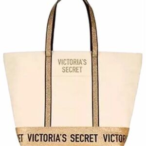 😍Victoria's Secret Gold Sequin Sparkle trim Beige Tote Bag